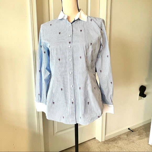 Brooks Brothers Tops - BROOKS BROTHERS Red Fleece Rose Embroidered Striped Button Down Shirt—SZ. 4